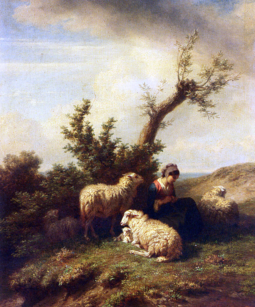 Edmond Baptiste Tschaggeny A Shepherdess and Her Flock - Hand Painted Oil Painting