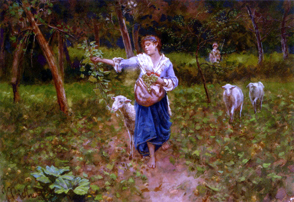 Francesco Paolo Michetti A Shepherdess In A Pastoral Landscape - Hand Painted Oil Painting