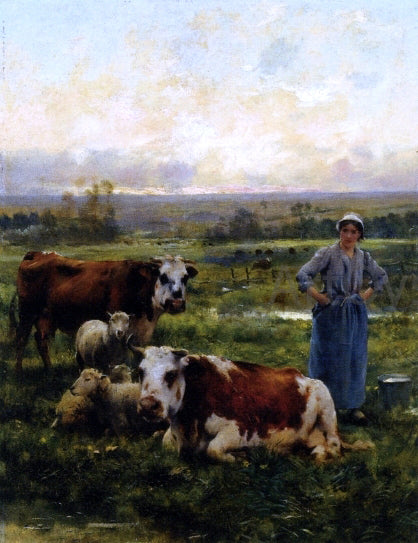 Julien Dupre A Shepherdess with Cows and Sheep in a Landscape - Hand Painted Oil Painting