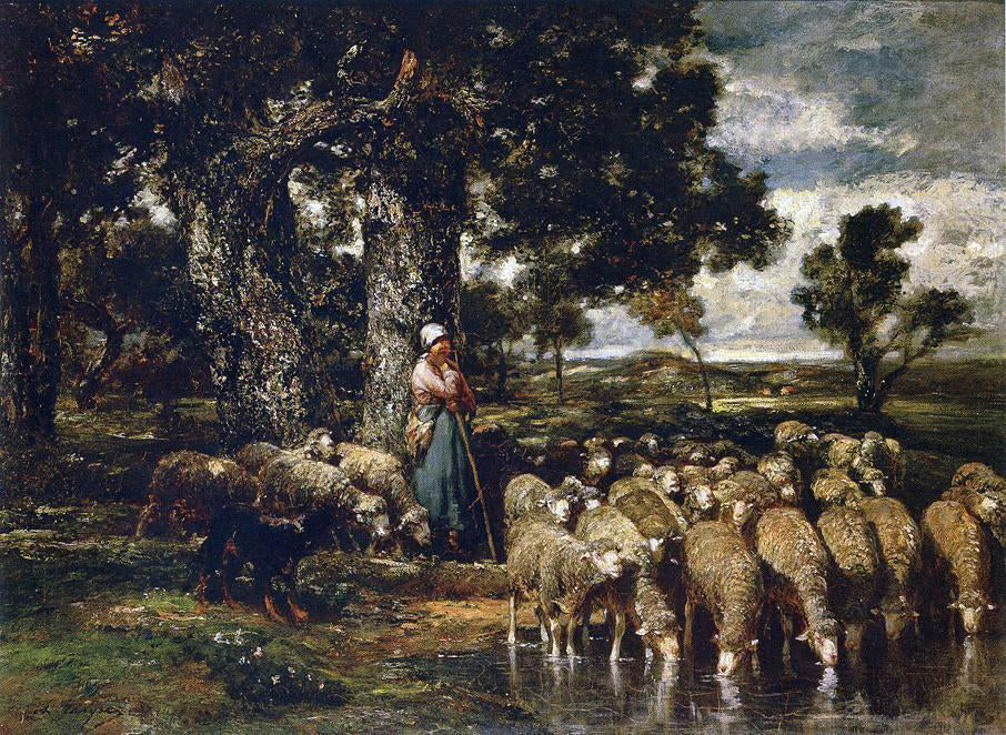 Charles Emile Jacque A Shepherdess with Her Flock - Hand Painted Oil Painting