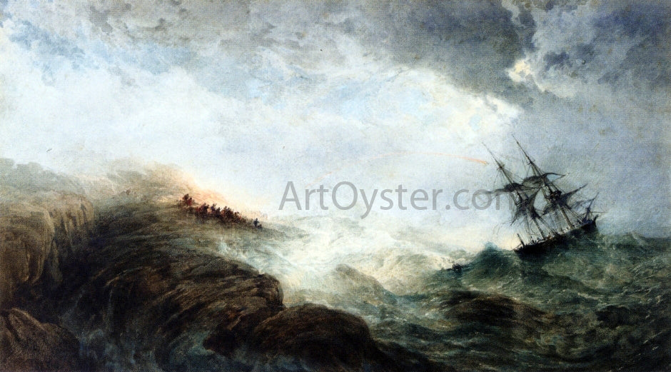 Edward Duncan Ship in Distress, with Figures n the Shore Firing a Rocket - Hand Painted Oil Painting