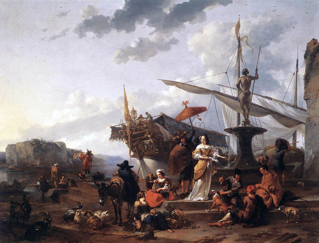  Nicolaes Berchem A Southern Harbour Scene - Hand Painted Oil Painting