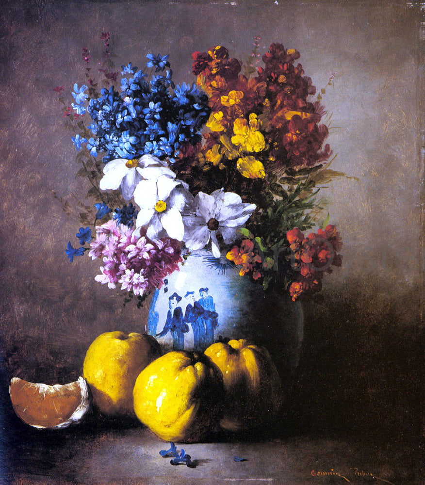  Germain Clement Ribot A Still Life with a Vase of Flowers and Fruit - Hand Painted Oil Painting