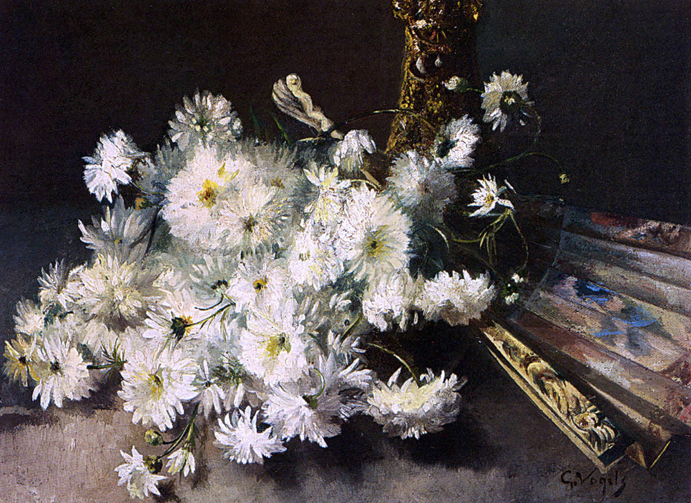Guillaume Vogels A Still Life With Chrysanthemums And A Fan - Hand Painted Oil Painting