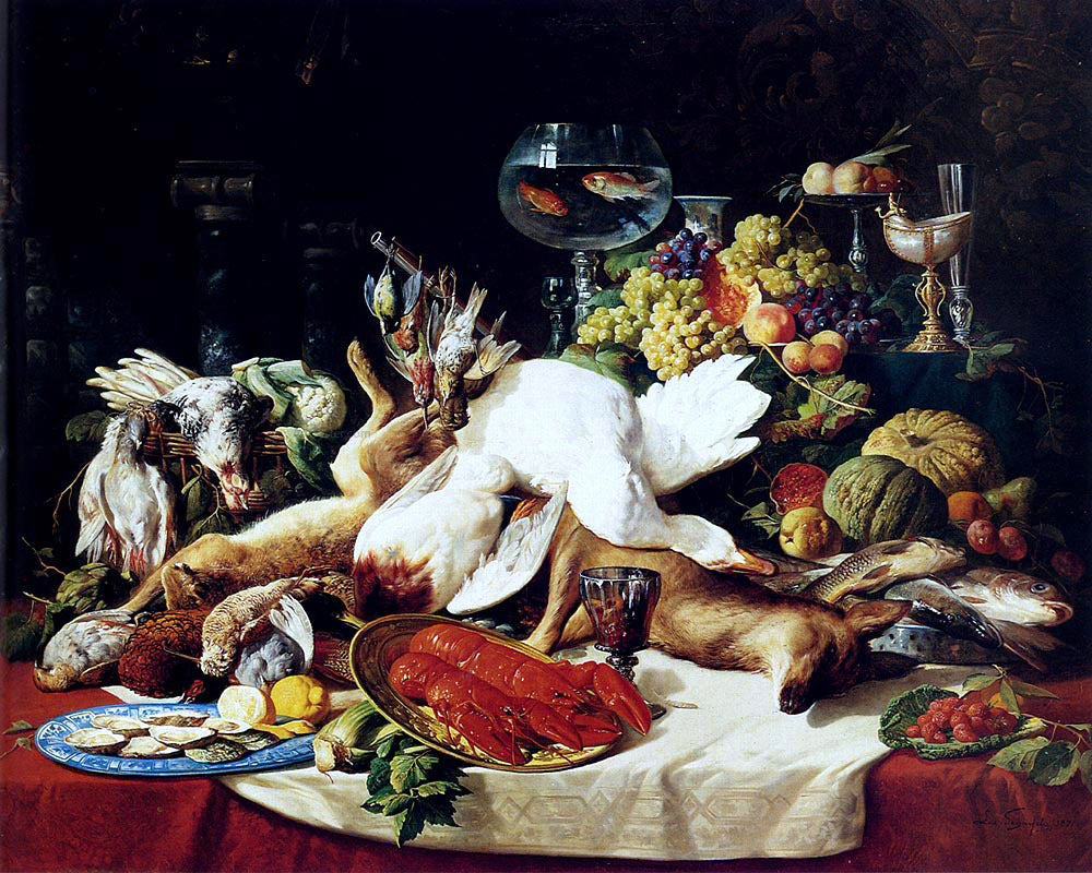 Lucas Schaefels A Still Life With Fruit, Fish, Game And A Goldfish Bowl - Hand Painted Oil Painting