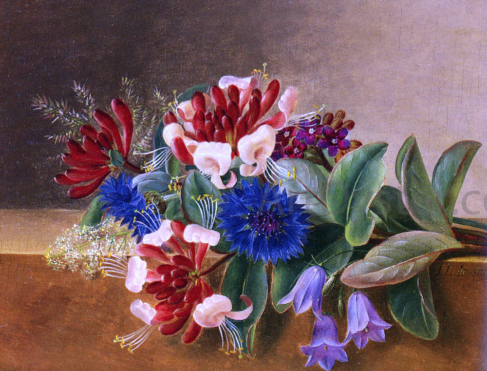 Johan Laurentz Jensen A Still Life with Honeysuckle, Blue Cornflowers and Bluebells on a Marble Ledge - Hand Painted Oil Painting