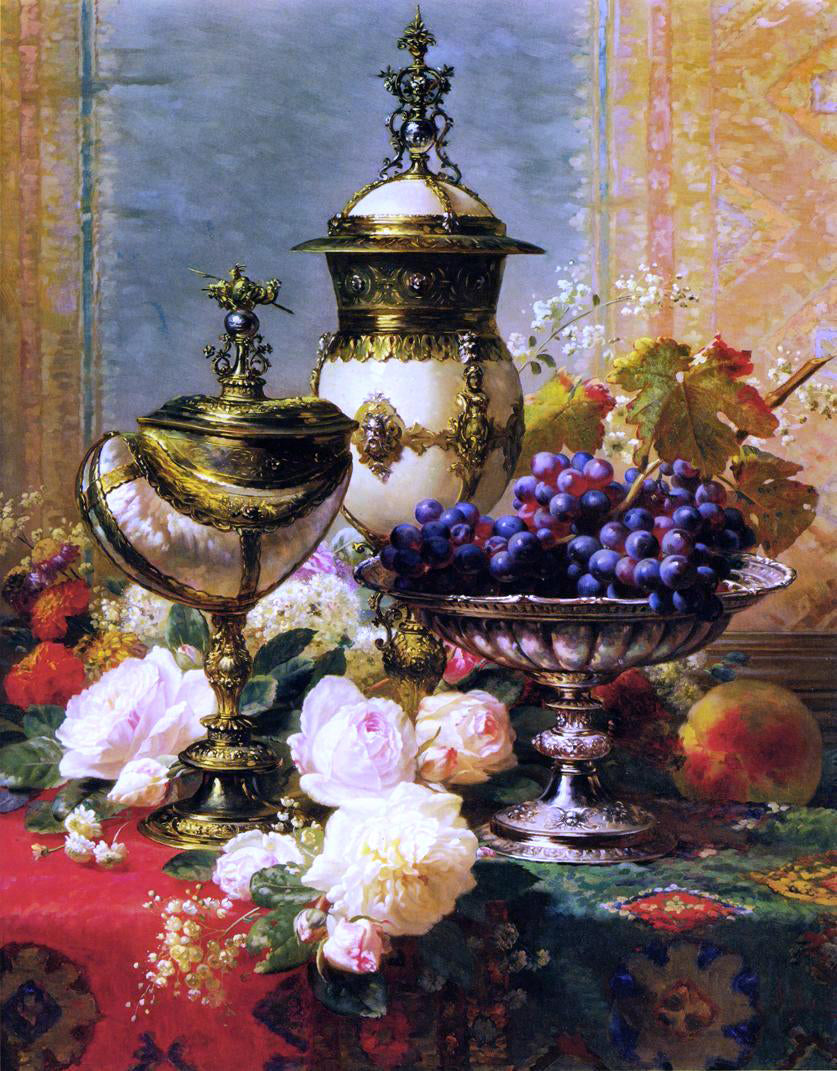  Jean Baptiste Robie A Still Life with Roses, Grapes and A Silver Inlaid Nautilus Shell - Hand Painted Oil Painting