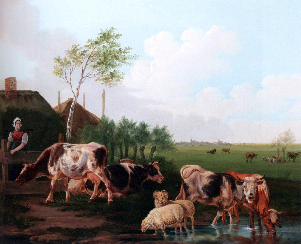 Albertus Verhoesen A Summer Landscape With Cows And Sheep By A Pool And A Milkmaid Watching - Hand Painted Oil Painting