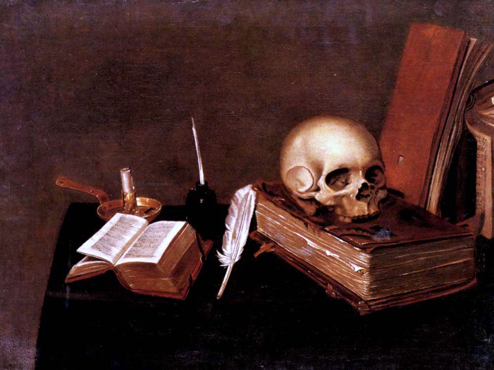Michael Konrad Hirt A Vanitas Still Life with a Candle, an Inkwell, a Quill Pen, a Skull and Books - Hand Painted Oil Painting