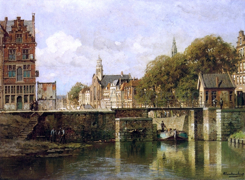Johannes Karel Klinkenberg A View of Amsterdam with a Man in a Flat on a Canal, a Church in the Distance - Hand Painted Oil Painting