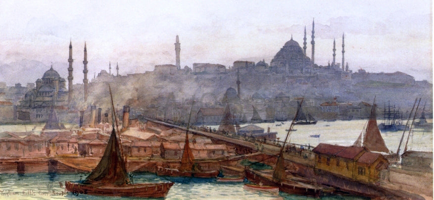 Tristram Ellis A View of Galata Bridge, Yemi Cami, Beyazit Tower and Saleymaniye Mosque, Constantinople - Hand Painted Oil Painting