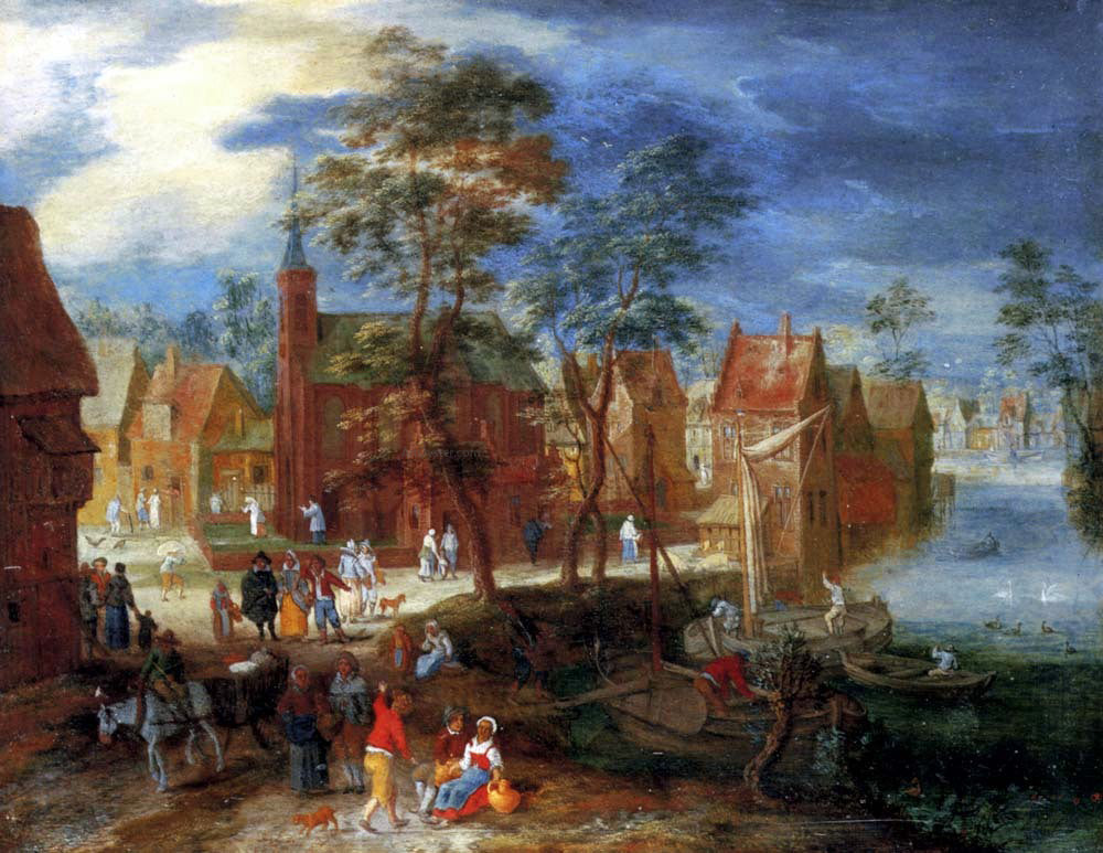 Pieter Gysels A Village Scene with Peasants Strolling by a River Bank - Hand Painted Oil Painting