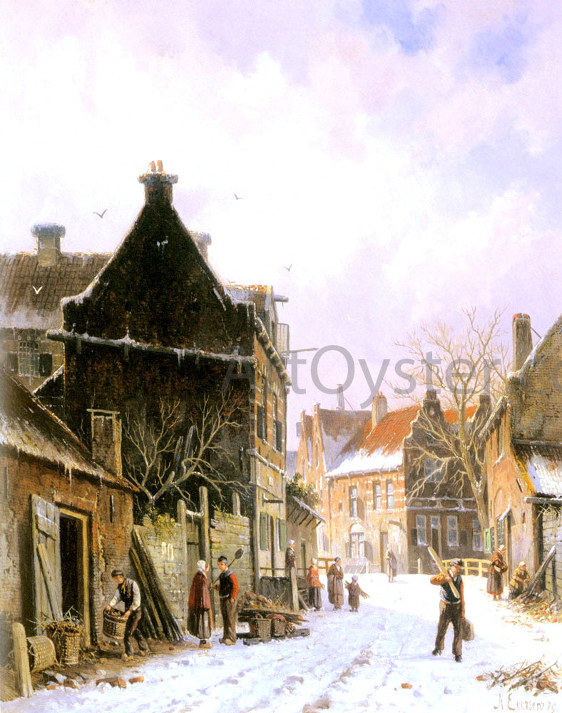 Adrianus Eversen Village Street Scene in Winter - Hand Painted Oil Painting