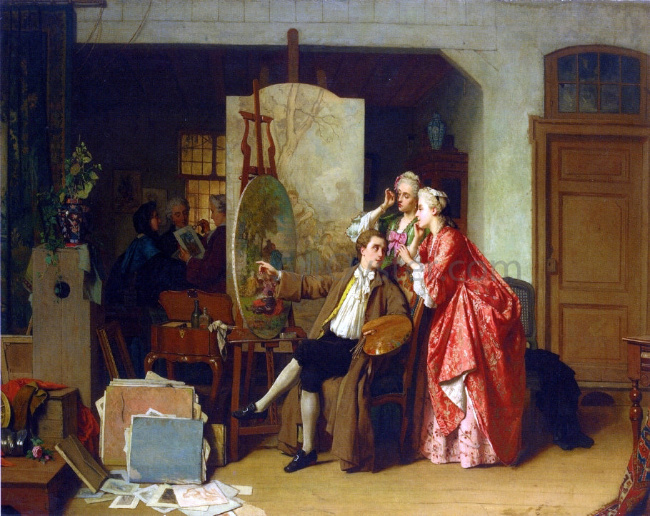  Jean Carolus A Visit to Watteau's Studio - Hand Painted Oil Painting