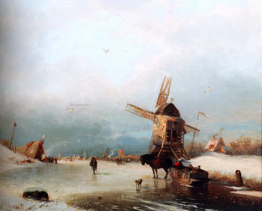  Carl Hilgers A Winter Landscape With A Horse-Drawn Sledge On A Frozen River By A Windmill - Hand Painted Oil Painting