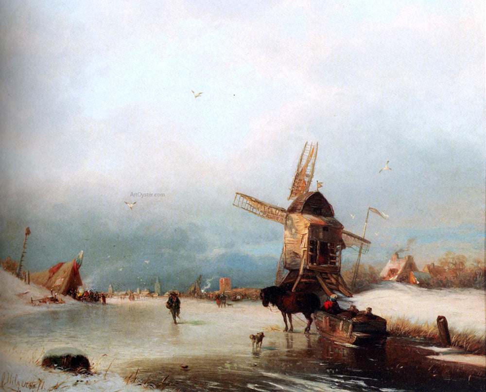 Carl Hilgers A Winter Landscape With A Horse-Drawn Sledge On A Frozen River By A Windmill - Hand Painted Oil Painting