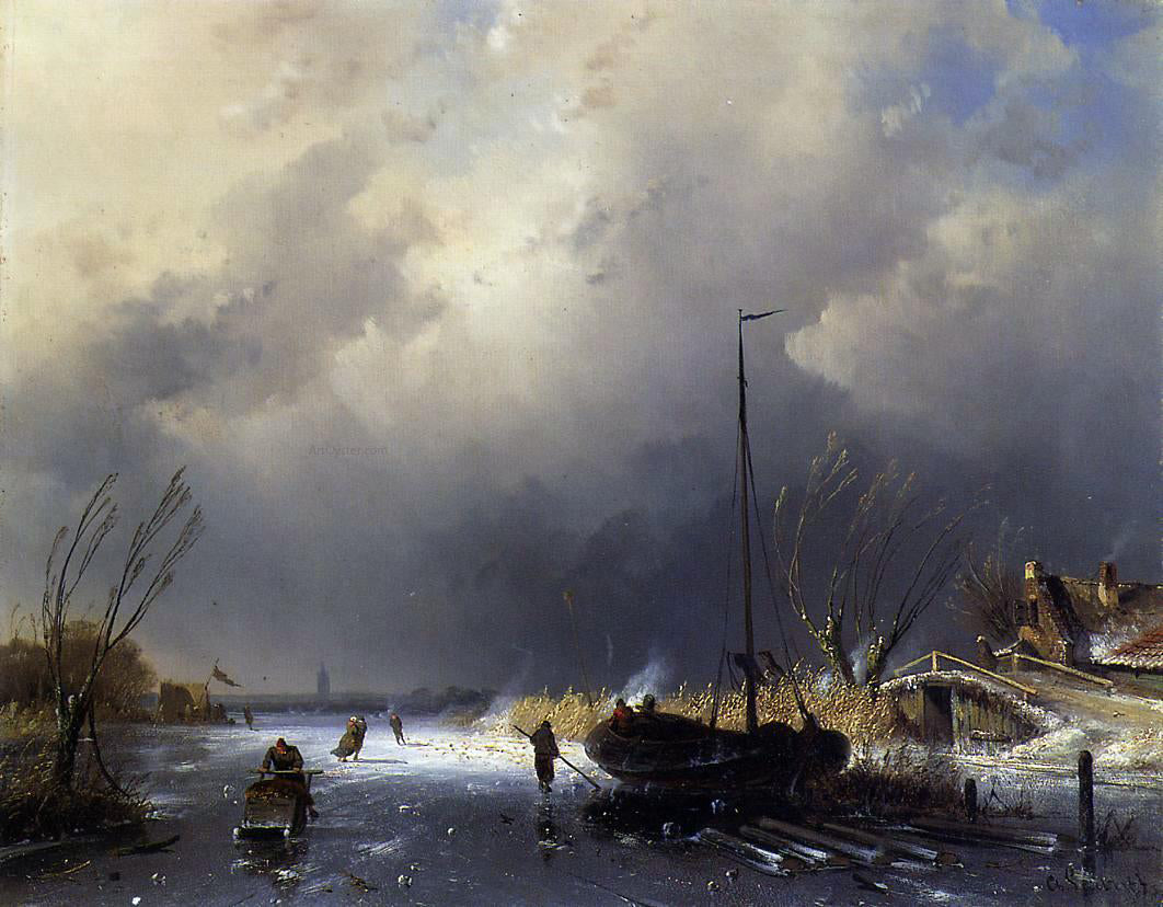 Charles Joseph Leickert Winter Landscape with Skaters - Hand Painted Oil Painting