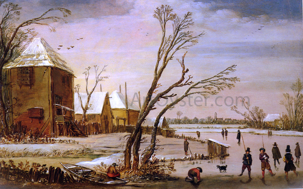 Esaias Van de Velde A Winter Landscape with Skaters on a Frozen River - Hand Painted Oil Painting
