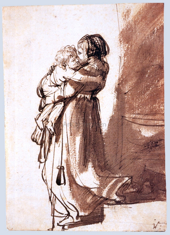 Rembrandt Van Rijn Woman and Child Descending a Staircase - Hand Painted Oil Painting