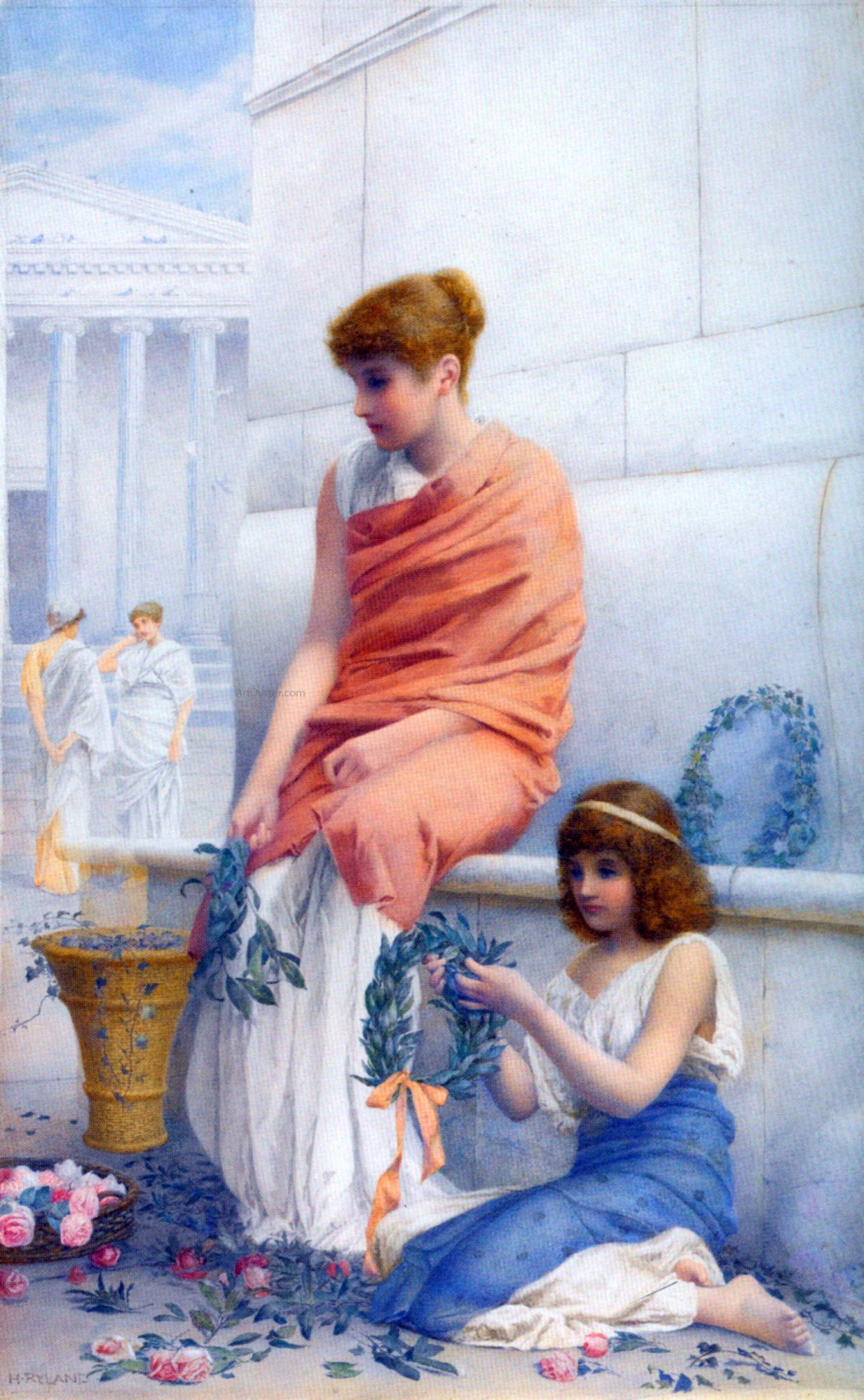 Henry Ryland A Woman and Child Making Wreaths - Hand Painted Oil Painting