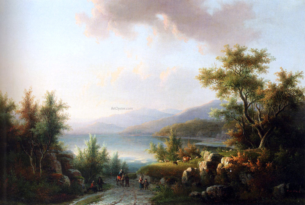 Willem De Klerk A Wooded Hilly Landscape With Travellers On A Track Near A Lake - Hand Painted Oil Painting
