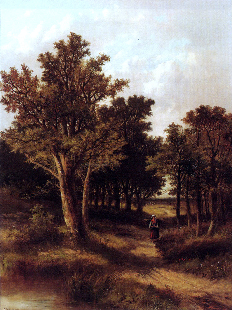 Junior Abraham Hulk A Wooded Landscape With A Faggot Gatherer On A Sandy Track - Hand Painted Oil Painting
