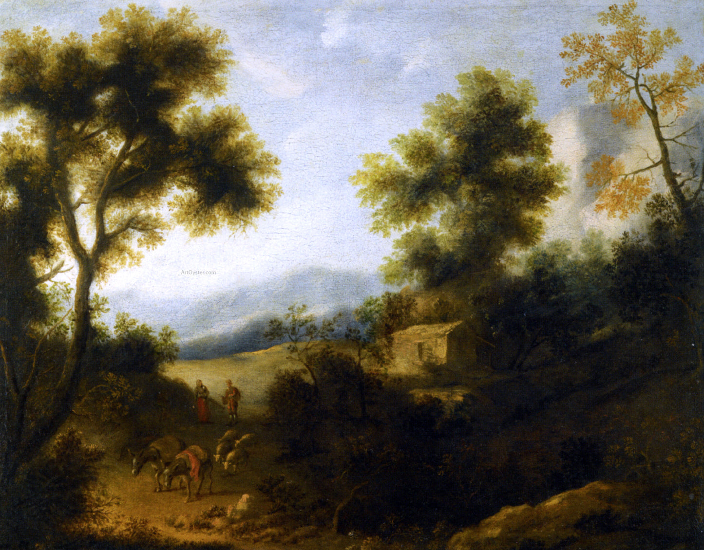 Ignacio De Iriarte Wooded Landscape with a Herdsman and Woman on a Path in the Foreground - Hand Painted Oil Painting