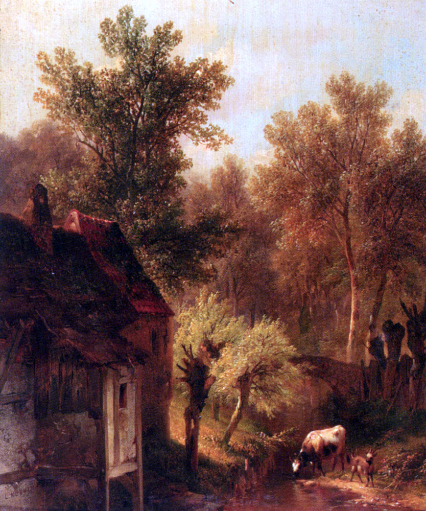 Pieter Lodewijk Kuhnen A Wooded Landscape With Cattle And A Cottage Along A Brook - Hand Painted Oil Painting