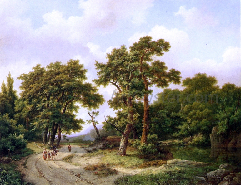 Marianus Adrianus Koekkoek A Wooded Landscape with Travelers and A Horseman Conversing on a Track along a Pond - Hand Painted Oil Painting