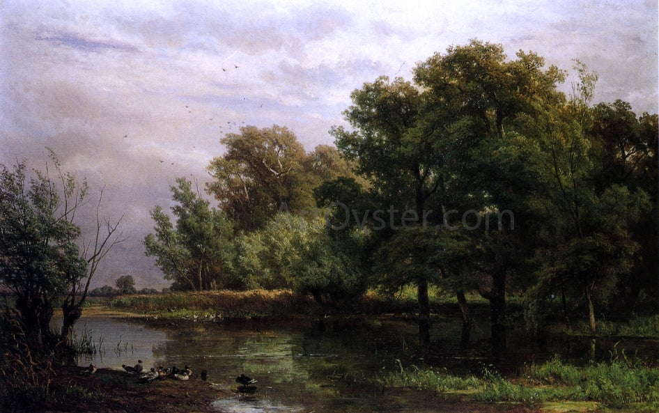 Jan Willem Van Borselen Wooded River Landscape with Ducks on a Bank - Hand Painted Oil Painting