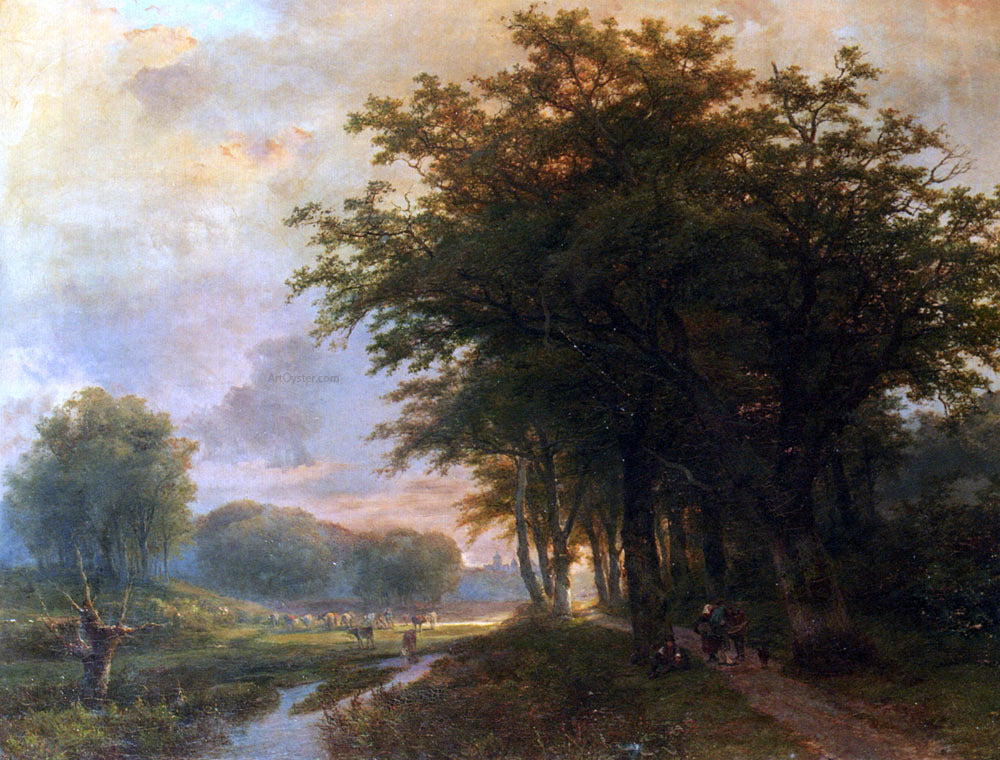 Johann Bernard Klombeck A Wooded River Valley With Peasants On A Path, Cattle In A Meadow Beyond - Hand Painted Oil Painting