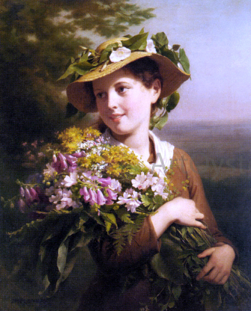 Fritz Zuber-Buhler A Young Beauty Holding a Bouquet of Flowers - Hand Painted Oil Painting