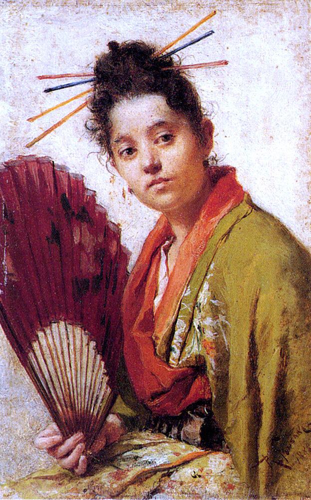 Roberto Fontano A Young Girl Holding A Fan - Hand Painted Oil Painting