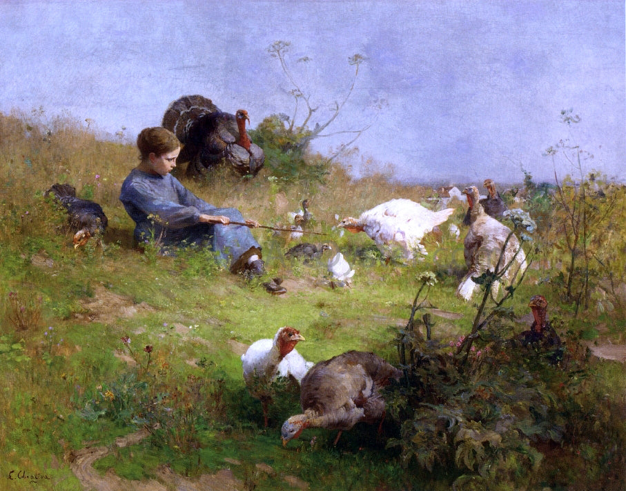 Luigi Chialiva A Young Girl with a Flock of Turkeys - Hand Painted Oil Painting
