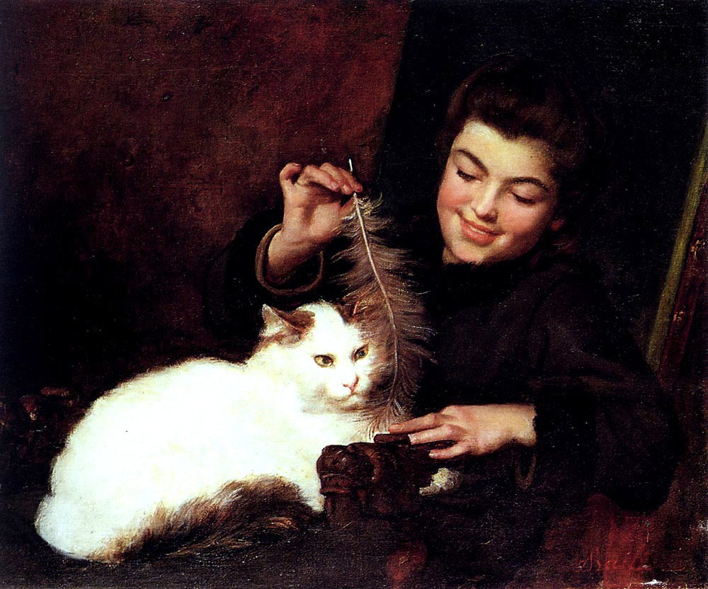  Antoine Jean Bail A Young Girl with a White Cat - Hand Painted Oil Painting