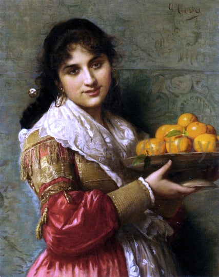 Giovanni Costa A Young Italian Beauty with a Plate of Oranges - Hand Painted Oil Painting