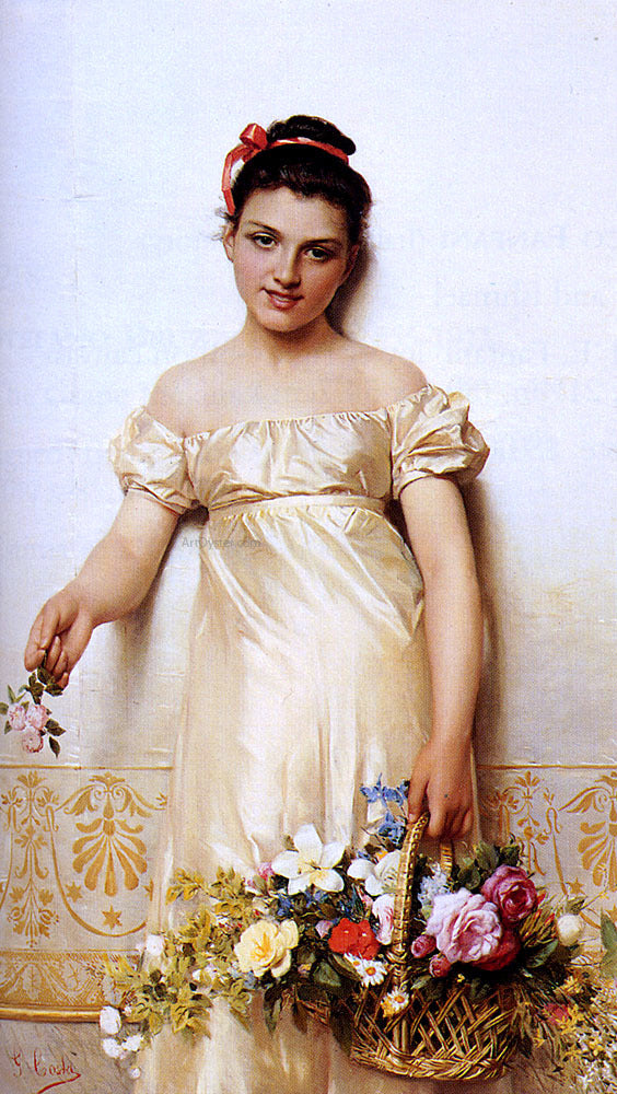 Giovanni Costa A Young Lady Holding A Basket Of Flowers - Hand Painted Oil Painting
