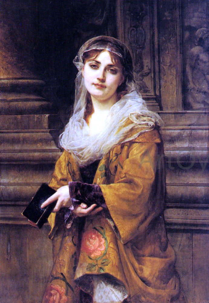Charles Lucien Muller Young Woman Outside a Church - Hand Painted Oil Painting