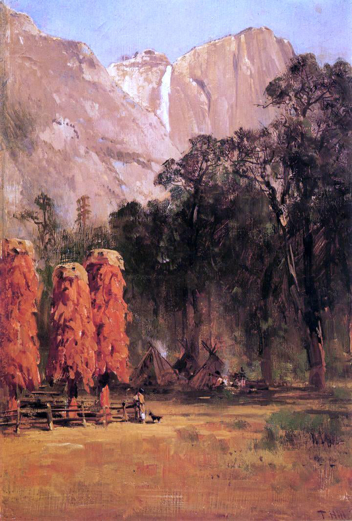 Thomas Hill Acorn granaries, by Piute Indian camp in Yosemite - Hand Painted Oil Painting
