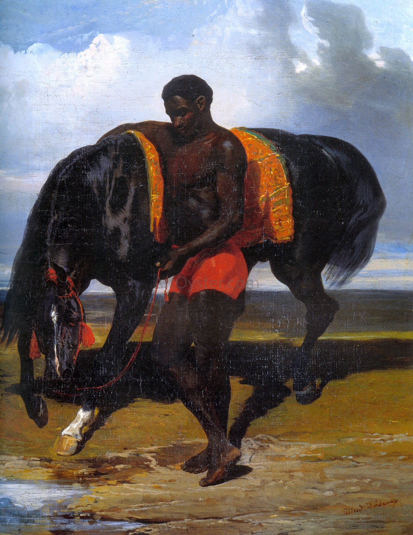 Alfred De Dreux Africain tenant un cheval au bord d'une mer - Hand Painted Oil Painting
