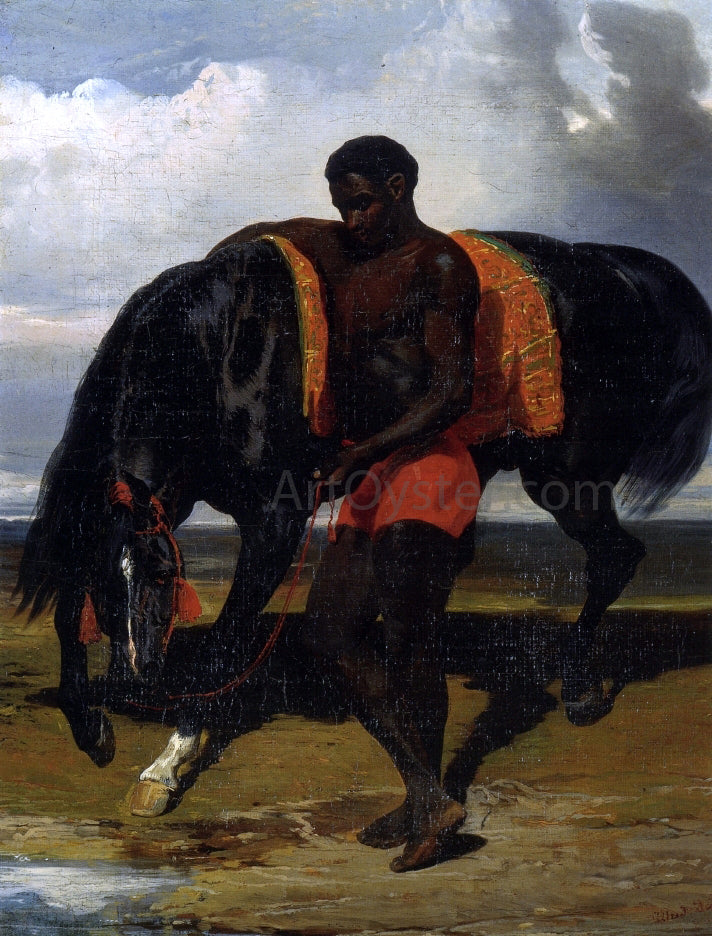 Alfred De Dreux African Tending a Horse by the Sea - Hand Painted Oil Painting