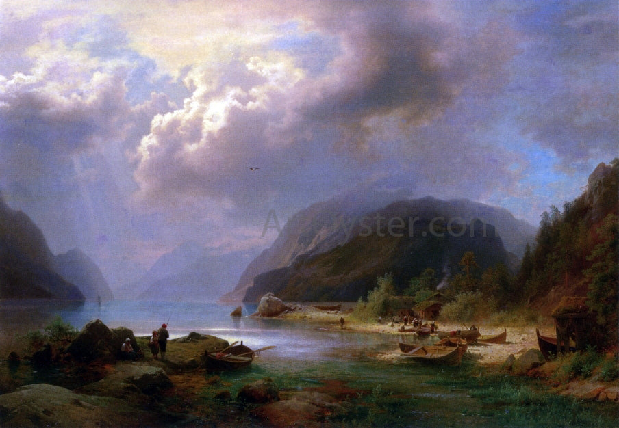 Herman Herzog Alpine Lake Scene - Hand Painted Oil Painting