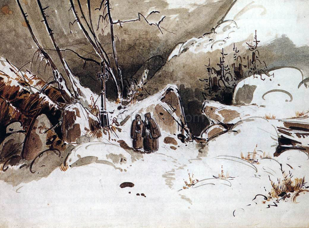Carl Blechen Alpine Pass in Winter with Monks - Hand Painted Oil Painting