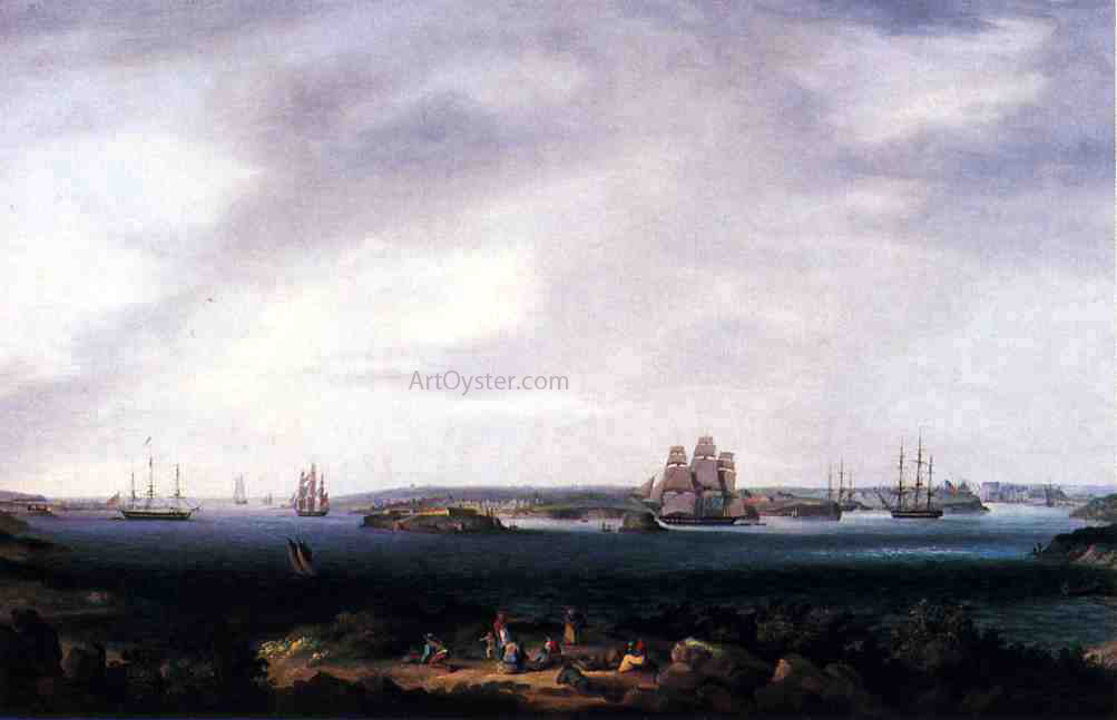 Thomas Birch American Warships Anchored at Port Mahon, Spain - Hand Painted Oil Painting