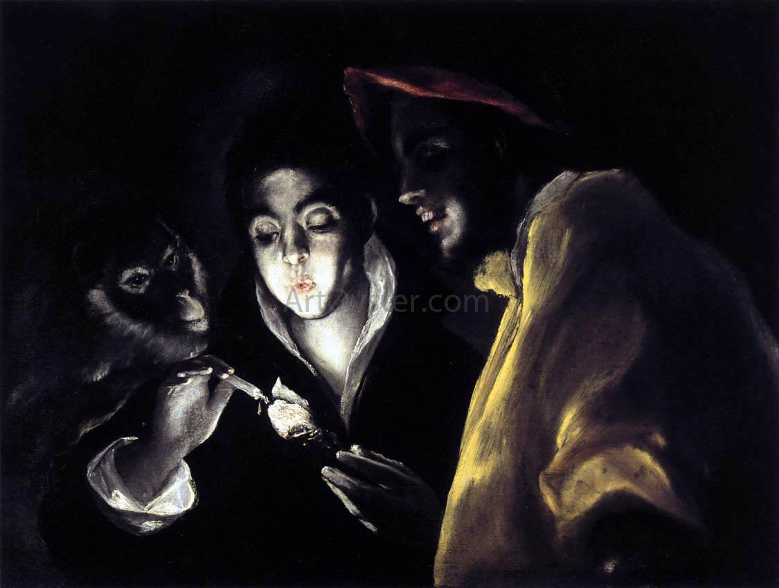 El Greco Allegory with a Boy Lighting a Candle in the Company of an Ape and a Fool (Fabula) - Hand Painted Oil Painting