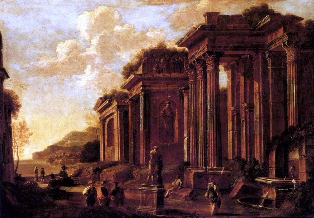 Giovanni Ghisolfi An Architectural Capriccio with Figures Amongst Ruins - Hand Painted Oil Painting