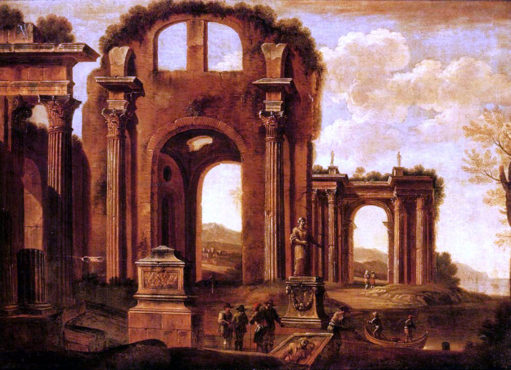 Giovanni Ghisolfi An Architectural Capriccio with Figures by a Statue and a Fountain - Hand Painted Oil Painting
