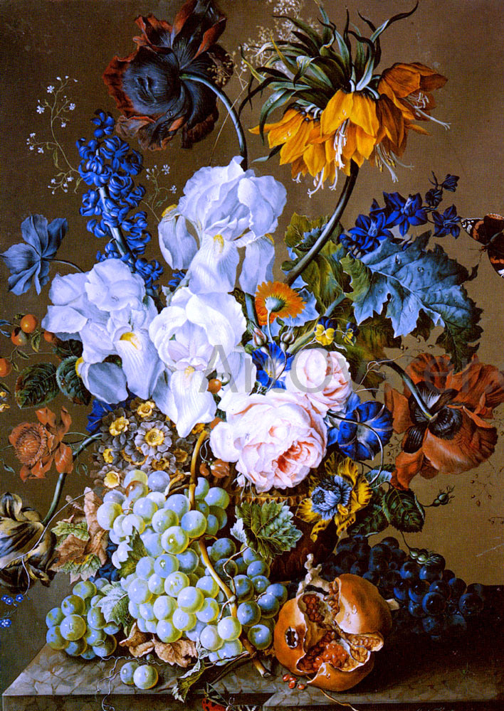 Anton Hartinger An Elaborate Floral Still Life with a Pomegranate, Grapes and Butterflies - Hand Painted Oil Painting