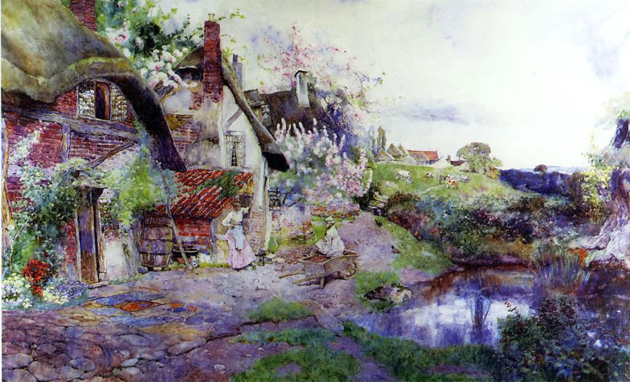  David Woodlock An English Idyll, Figures outside a Thatched Cottage - Hand Painted Oil Painting