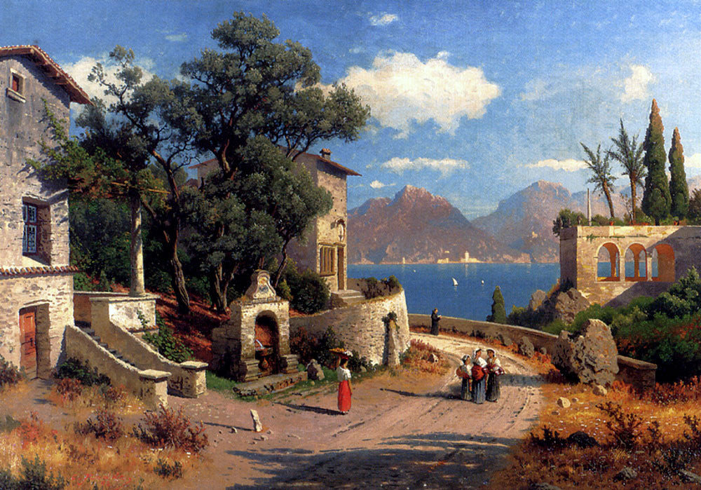 Karl Gustav Rodde An Italian Village By A Lake - Hand Painted Oil Painting
